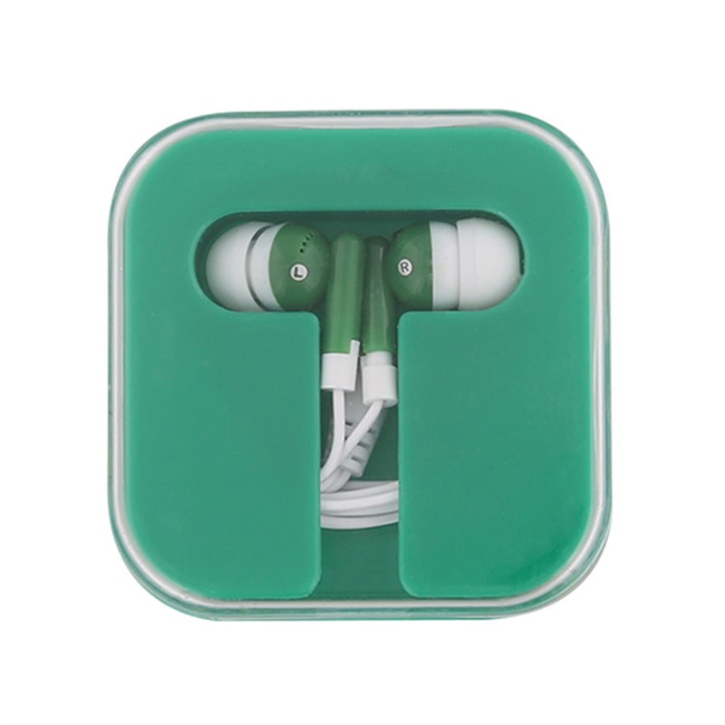 Plastic earbuds with compact case.