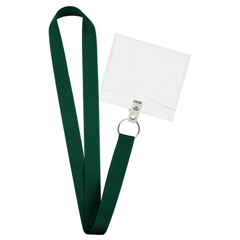 3/4 inch grosgrain polyester lanyard with silver key ring and vertical ID holder.