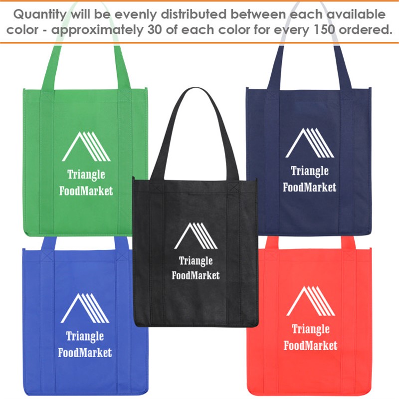 Polypropylene assorted color tote bags with matching bottom insert.