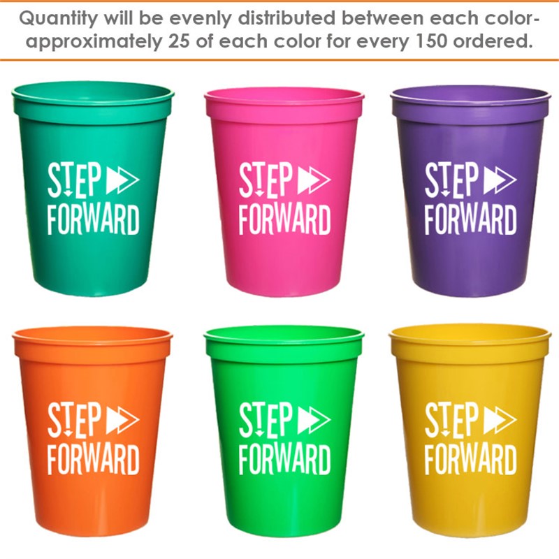 Plastic assorted vivid colored stadium cups in 16 ounces.