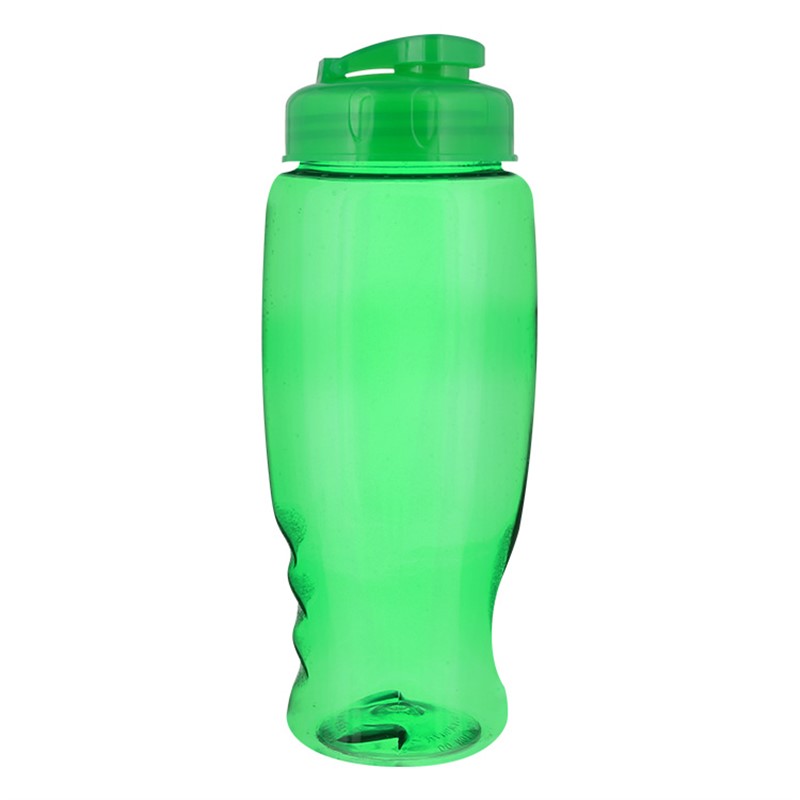 Plastic water bottle with flip top lid in 27 ounces.