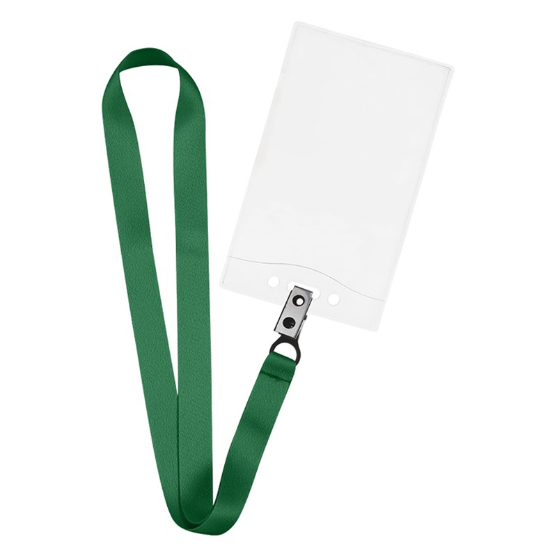 3/4 inch satin polyester lanyard with bulldog clip and event holder.