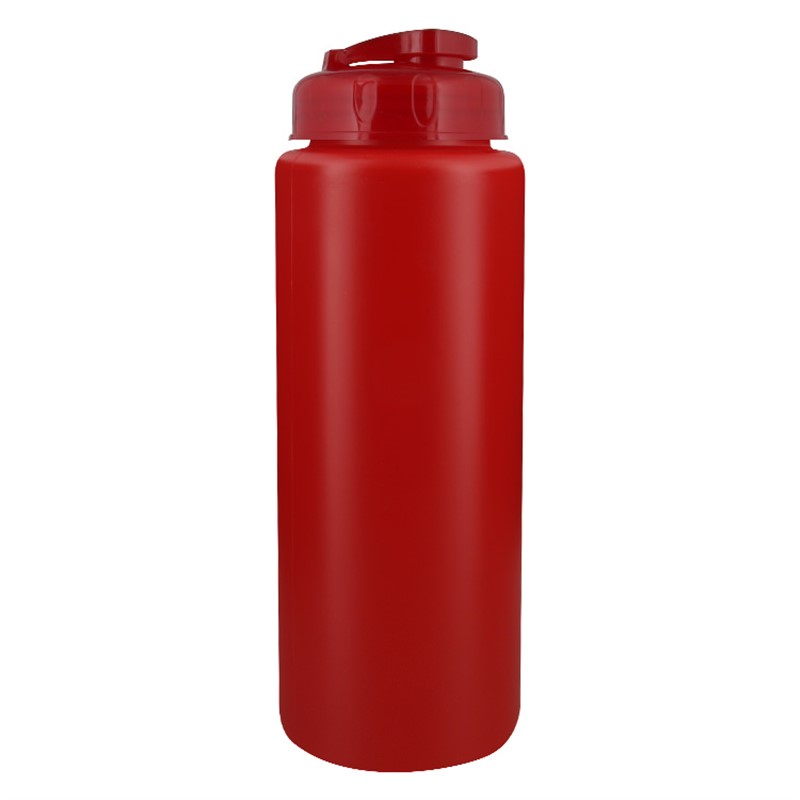 Plastic water bottle with flip top lid in 32 ounces.
