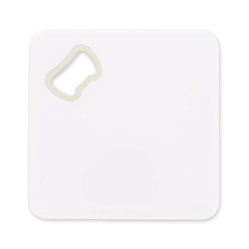 Plastic square with metal bottle opener blank.