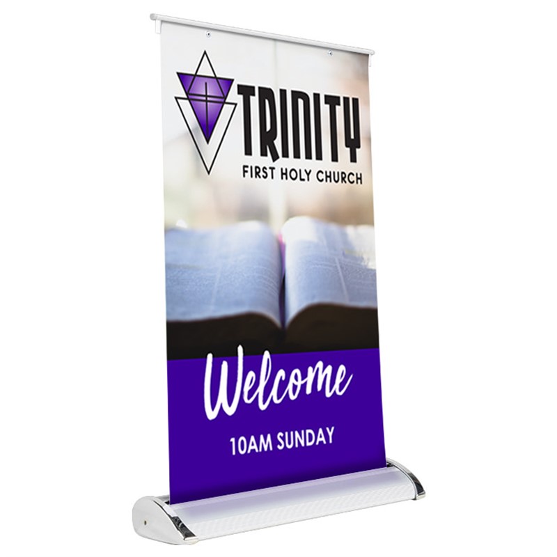 Polyester tabloid size table top banner with retractable aluminum banner stand.