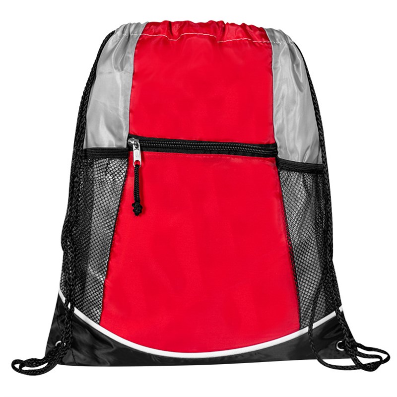Polyester drawstring bag with a zipper pouch and two mesh pockets.