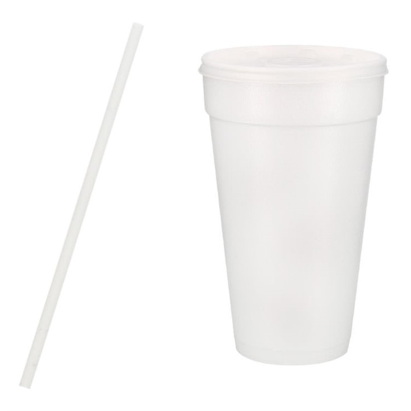 Styrofoam white foam cup with lid and straw in 20 ounces.