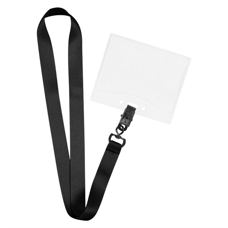 3/4 inch satin polyester lanyard with swivel clip and horizontal ID holder.