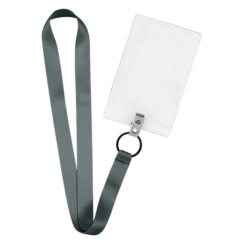 3/4 inch satin polyester lanyard with black key ring and vertical ID holder.