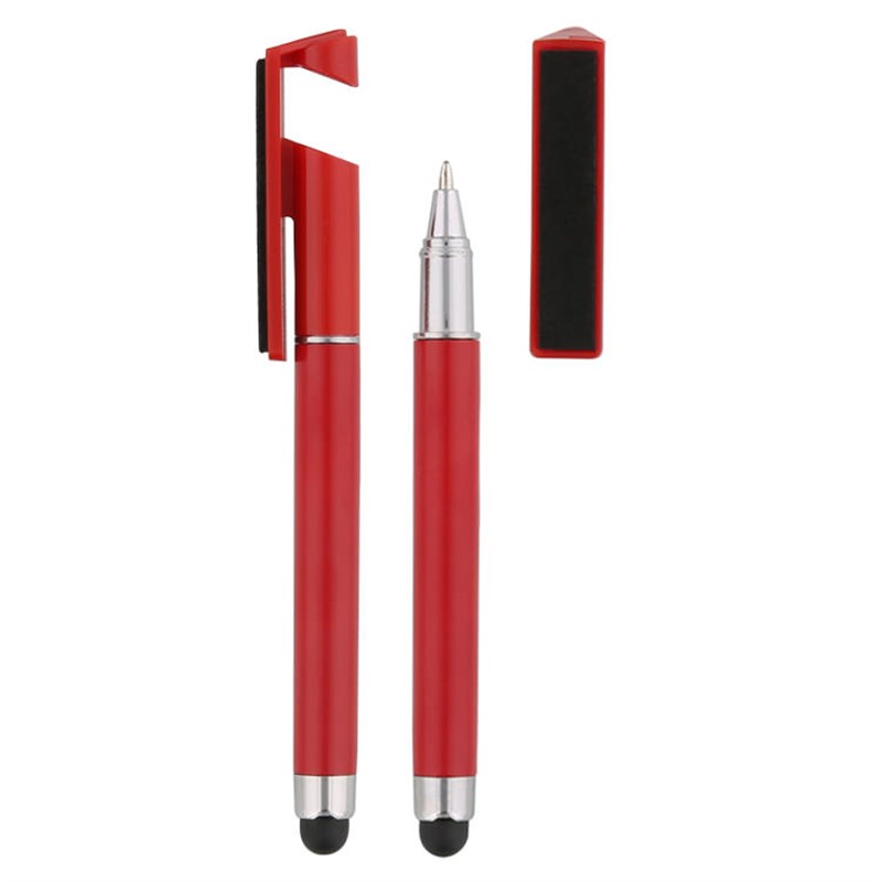 Plastic stylus pen with screen cleaner and stand.