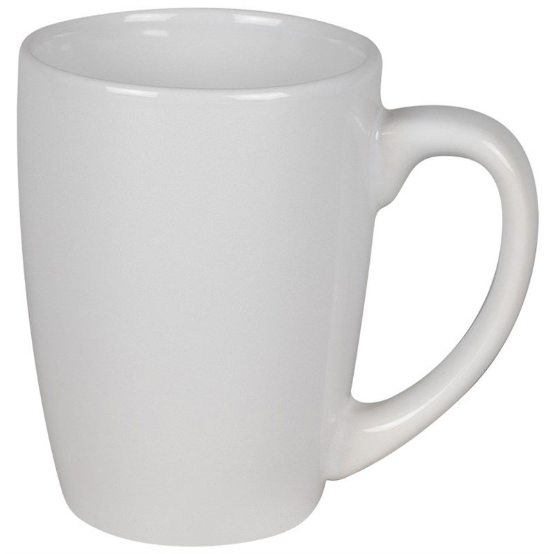 Ceramic white coffee mug with c-handle in 12 ounces.