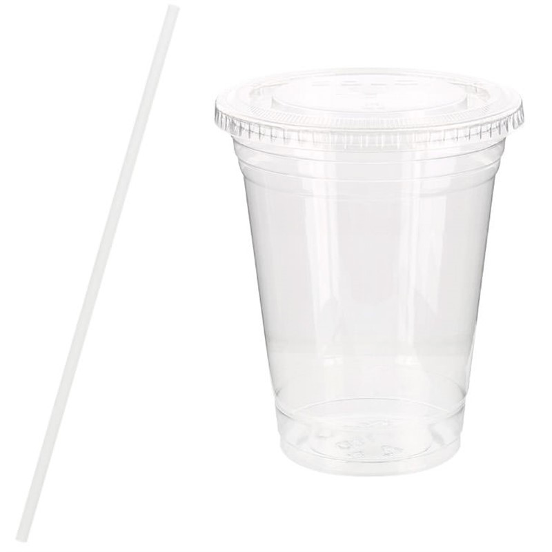 PET plastic clear soft sided cup with lid and straw in 16 ounces.