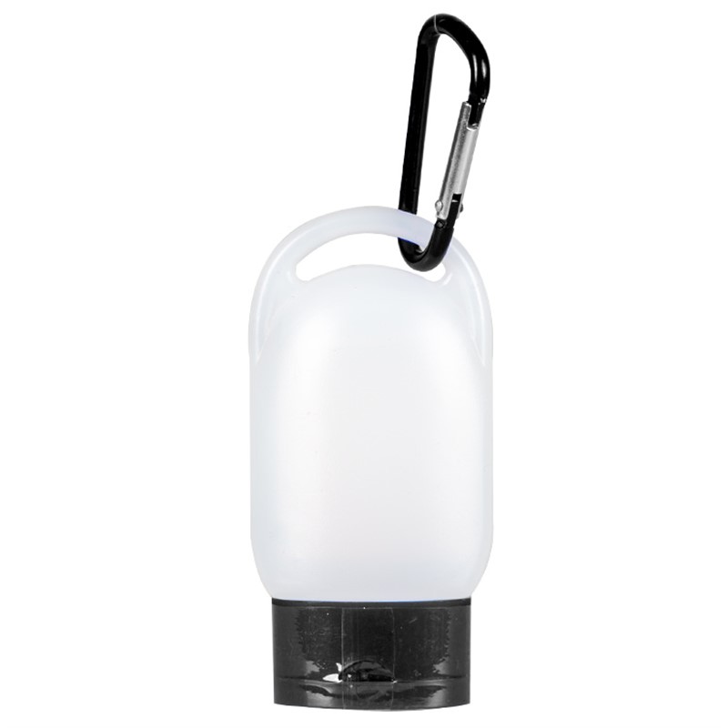 Plastic 1 ounce compact carabiner lightly scented hand sanitizer.