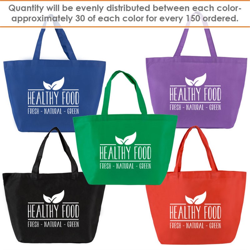 Polypropylene assorted color tote bags.