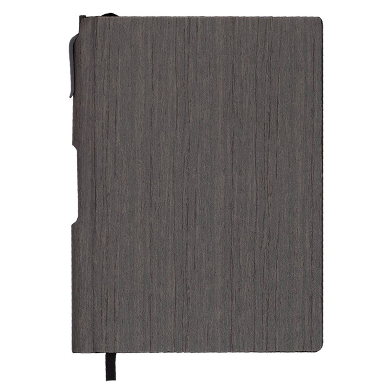 Wood design notebook with matching pen.
