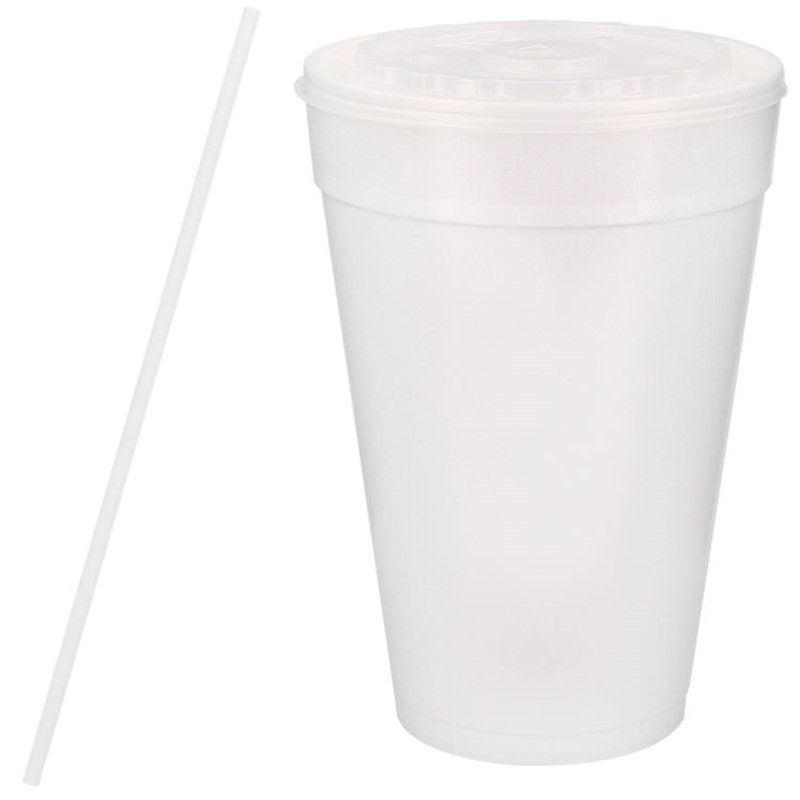 Styrofoam white foam cup with lid and straw in 32 ounces.