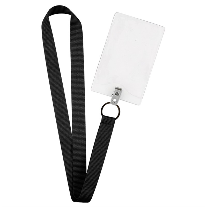 3/4 inch grosgrain polyester lanyard with black key ring and vertical ID holder.