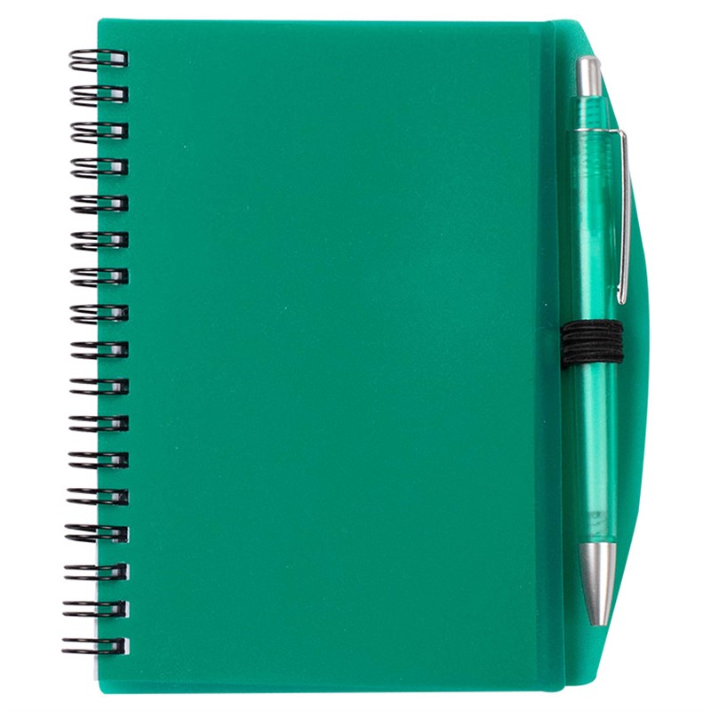 Spiral bound notebook with pen.