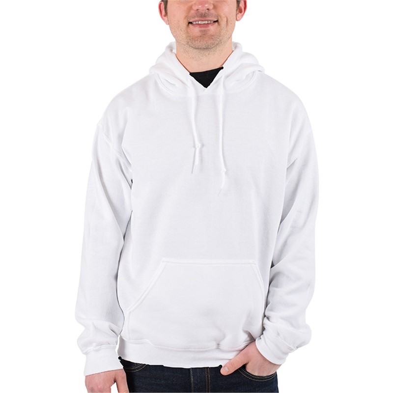 Custom imprinted white hooded sweatshirt.