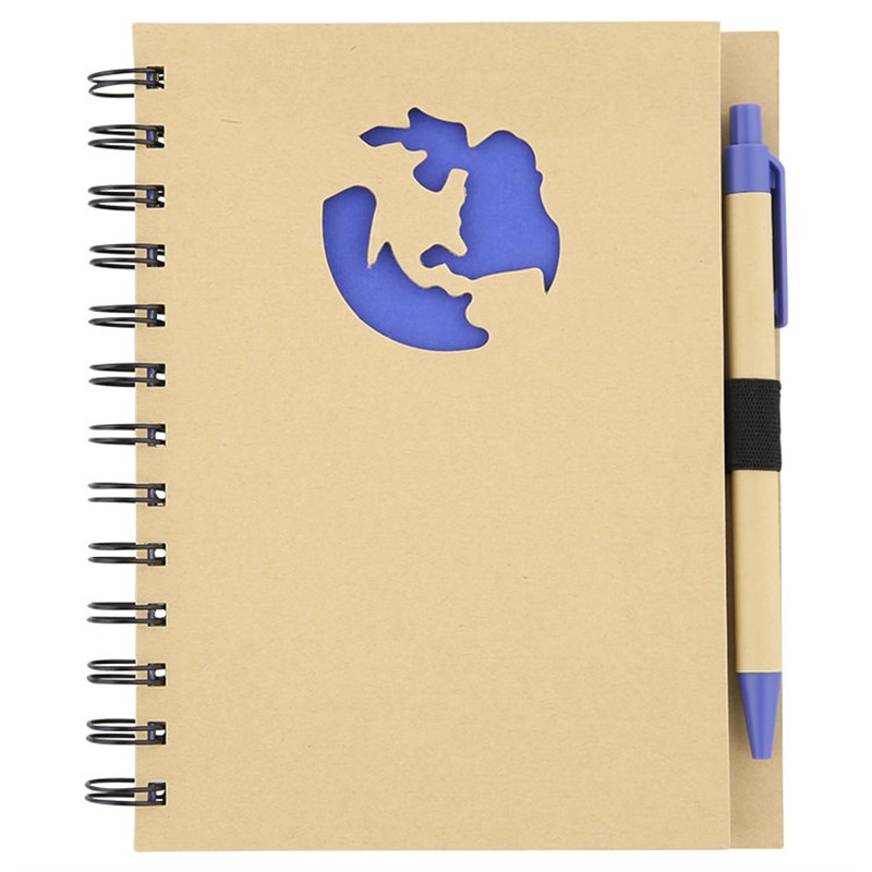 Recycled material notebook with earth shape cut out design and pen.