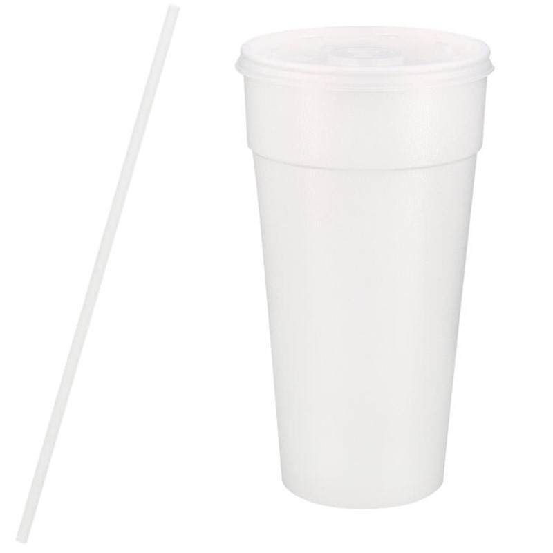 Styrofoam white foam cup with lid and straw in 24 ounces.