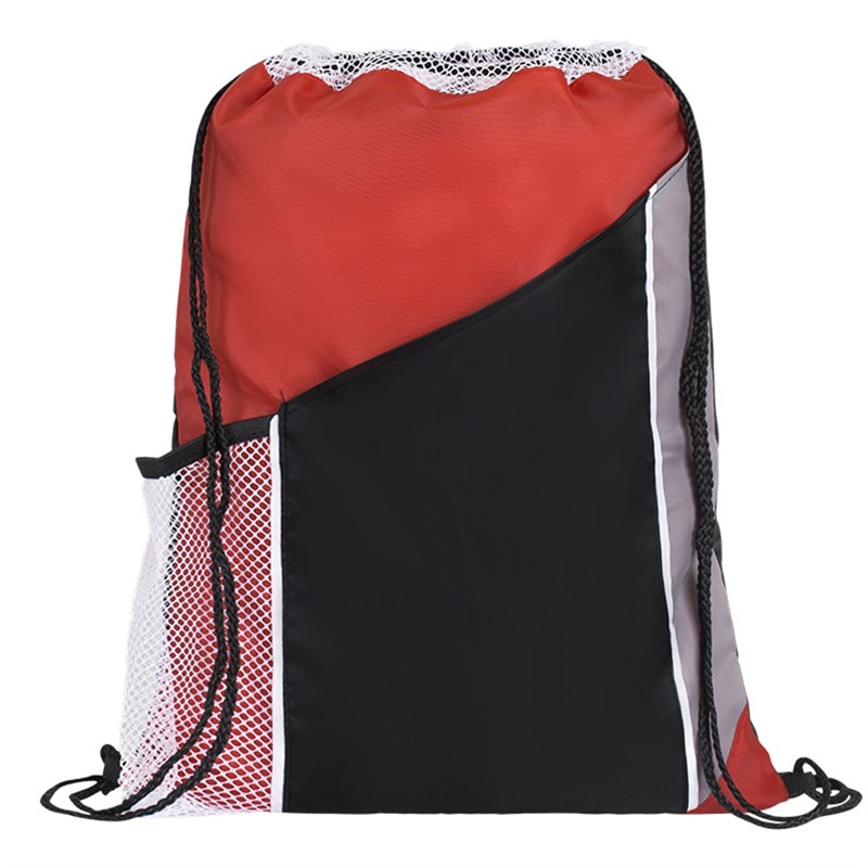 Blank polyester tri-color drawstring with two front pockets.