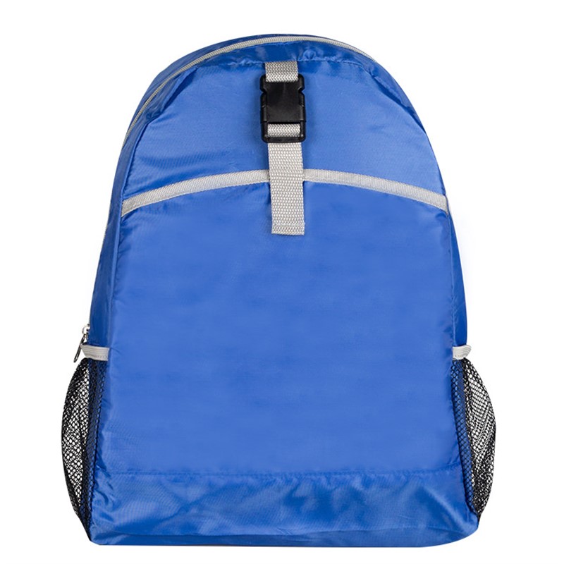 Blank polyester backpack with adjustable straps and three additional pockets.