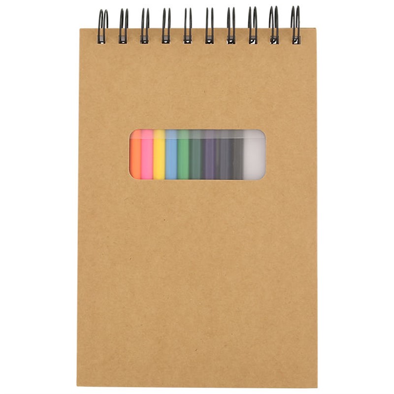 Small doodling notebook with colored pencils.