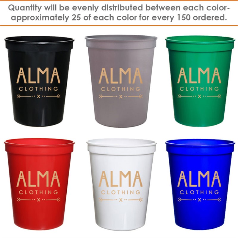 Plastic assorted bright colored stadium cups in 16 ounces.