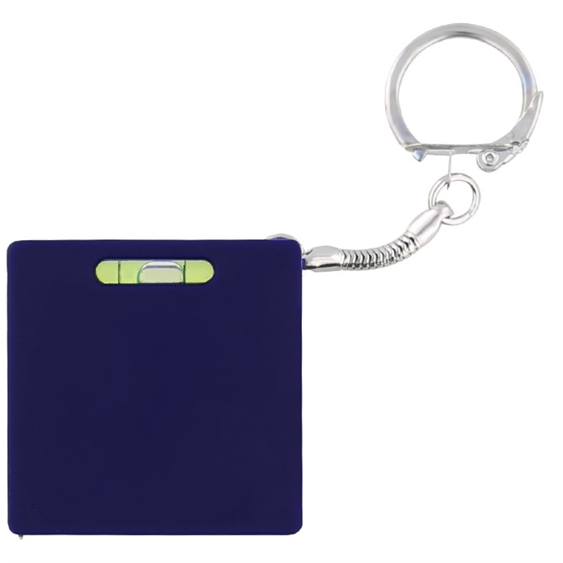 Metal and plastic square tape measure level keychain.