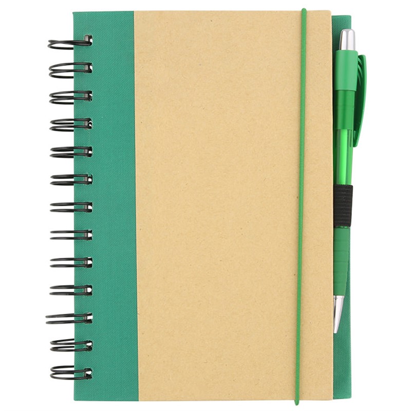 Paper notebook with matching pen and elastic band closure.