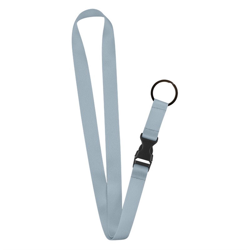 3/4 inch satin polyester lanyard with black key ring and buckle release.