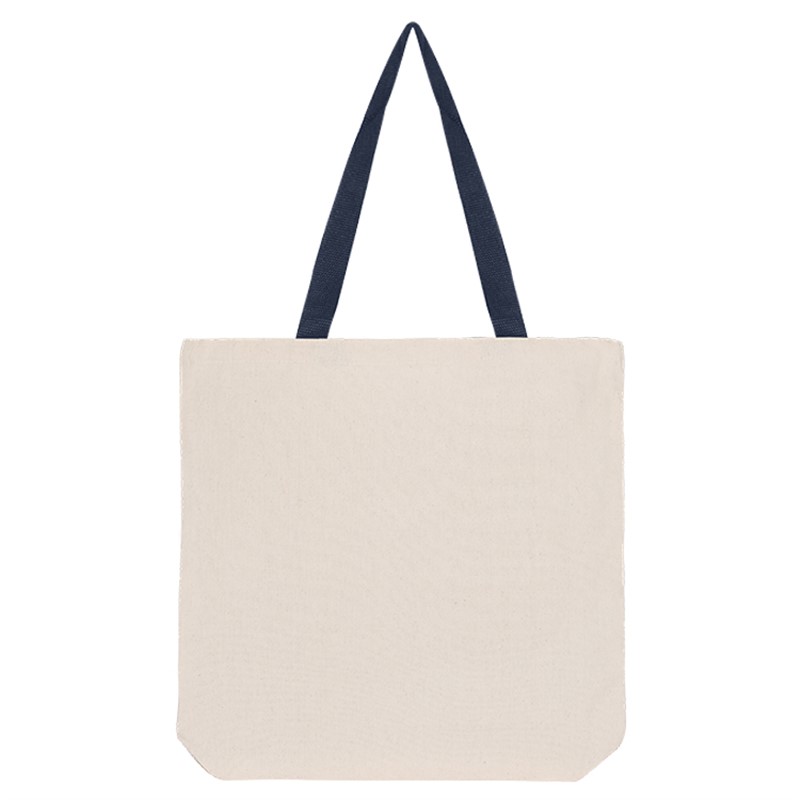 Natural cotton tote bag with colored reinforced handles.