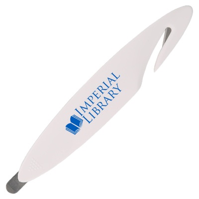 Plastic combo staple remover and letter opener with custom promotional logo. 