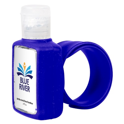 Silicone blue .5 ounce hand sanitizer slap wristband available in a full-color imprint.