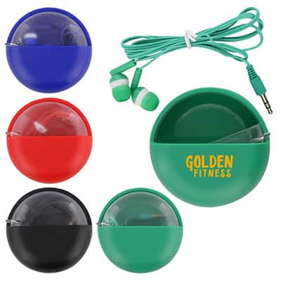 Plastic green earbuds in pod case with customized logo.
