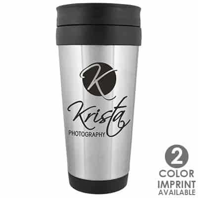 Stainless steel silver tumbler with custom print in 16 ounces.