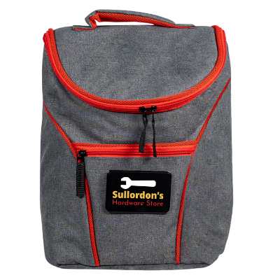 Red backpack cooler with full-color logo.