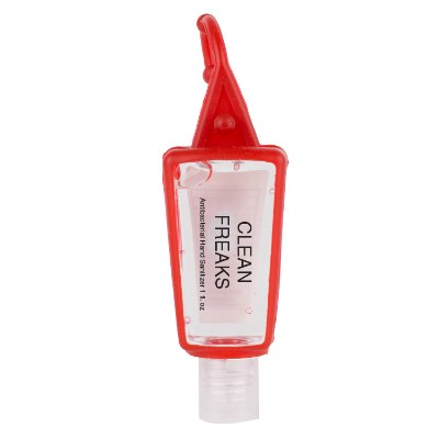 Plastic and silicone 1 ounce red pocket pal lightly scented hand sanitizer with personalized logo.