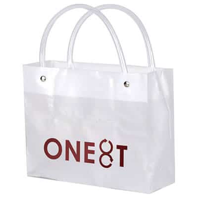 Plastic frosted clear foil stamped tote bag logoed.