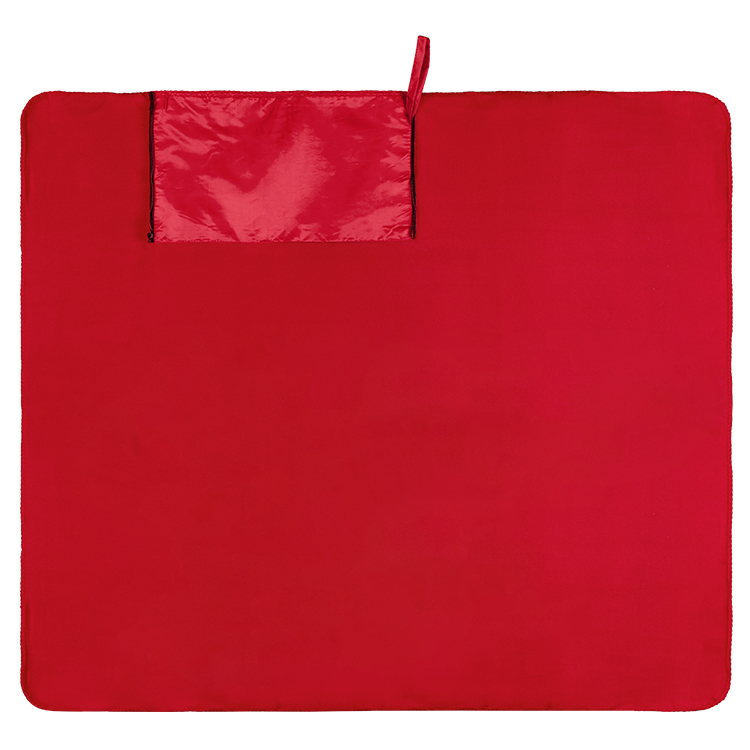 210 GSM fabric blanket that can fold into a zippered outer panel with an attached handle.
