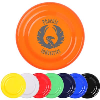 Plastic green standard 7.25 inch flying disc with logoed imprint.