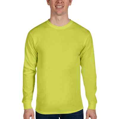 Blank safety green cotton-poly long sleeve t-shirt.
