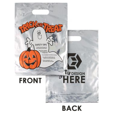 Plastic silver reflective ghost trick or treat recyclable bag with logo.
