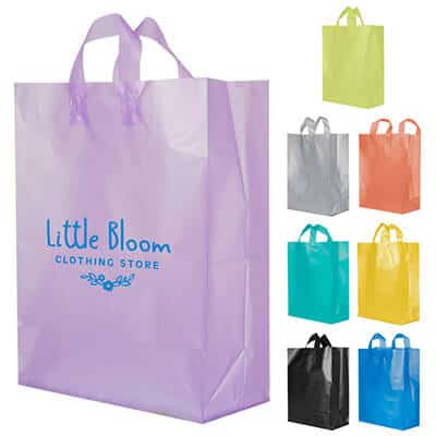 Plastic lavender colored frosted shopper bag logoed.