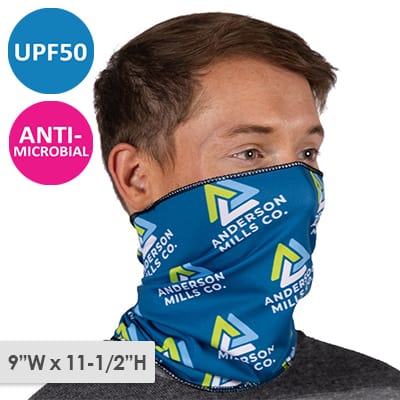 Poleyster microfiber blue antimicrobial neck gaiter with full-color imprint.