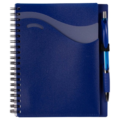 Purple notebook with front pockets and matching pen.