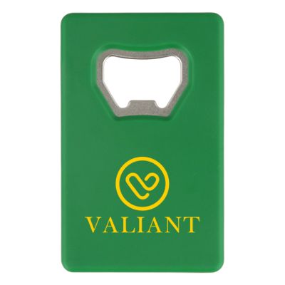 Plastic green with metal credit card bottle opener personalized.