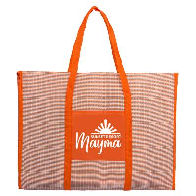 Personalized zip up orange beach mat with inflatable pillow.