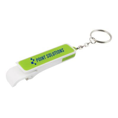 Plastic white with lime green phone stand metal bottle opener custom printed.